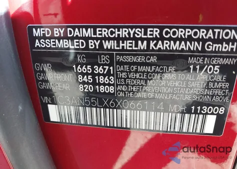 2006 Chrysler Crossfire z USA, uszkodzony, nr VIN 1C3AN55LX6X066114